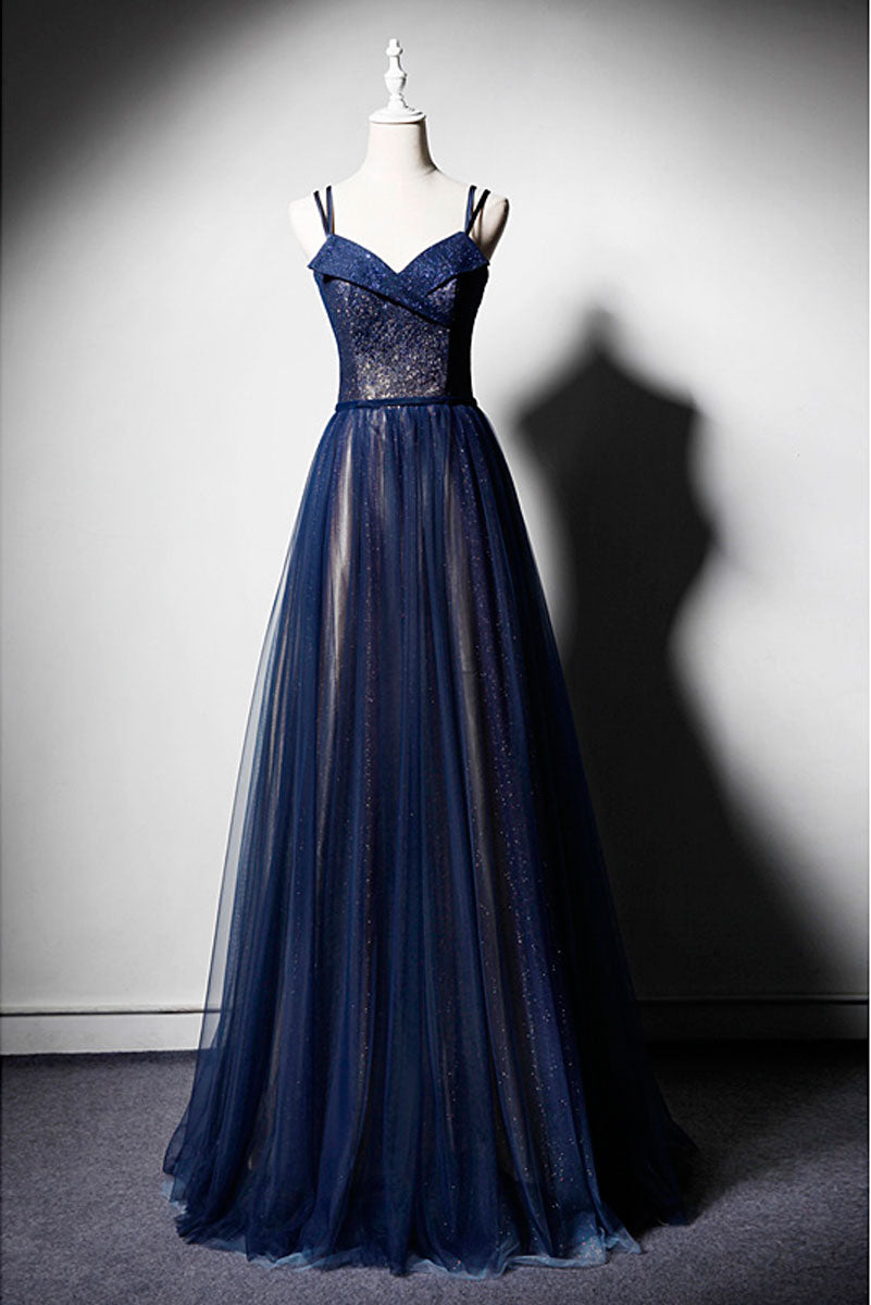 Dark blue tulle long prom dress, dark ...